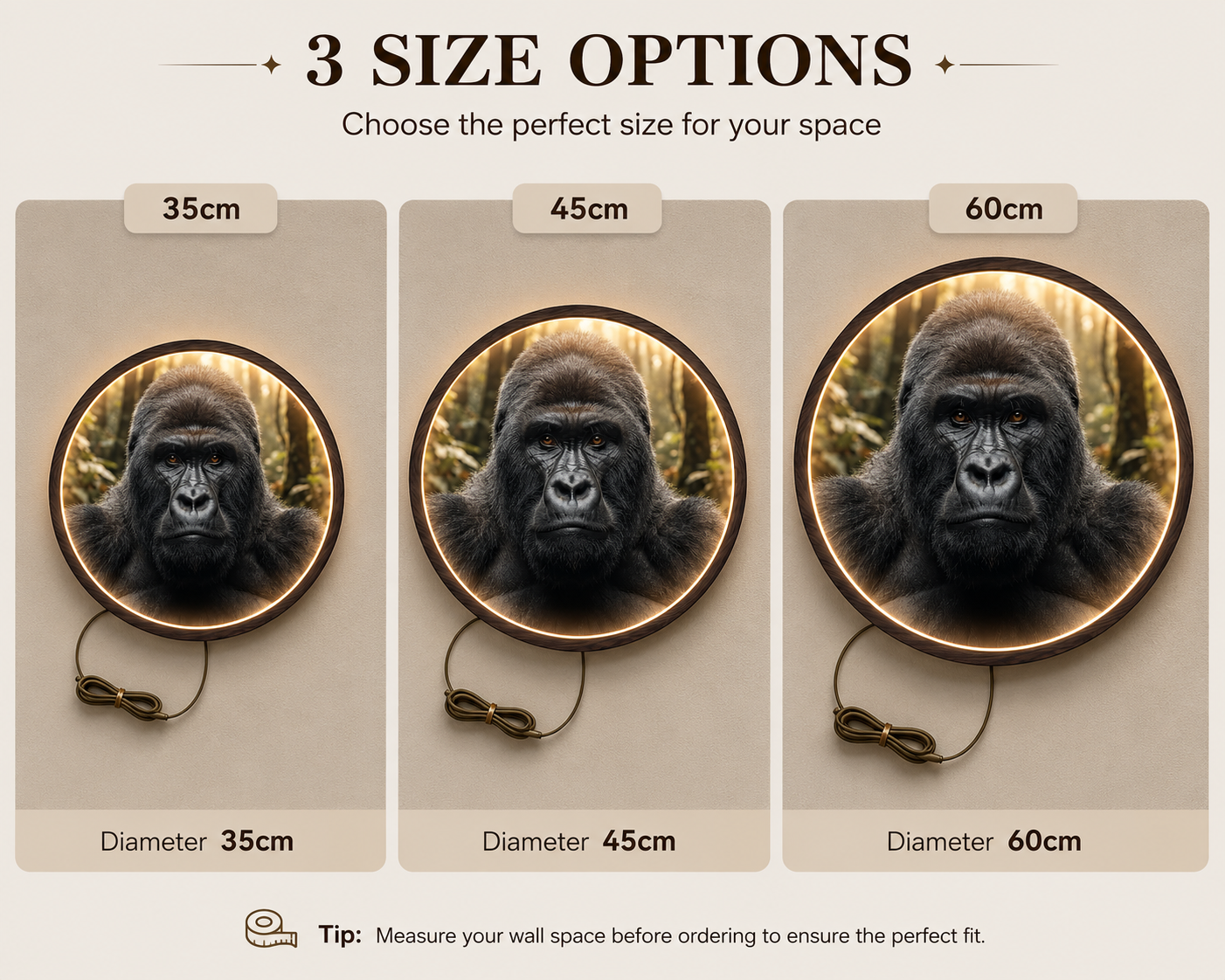 Gorilla LED Round Wall Art | Majestic Silverback Primate Wildlife Home Decor Light Painting with 3 Size Options and 12V Safe Driver System Led 26