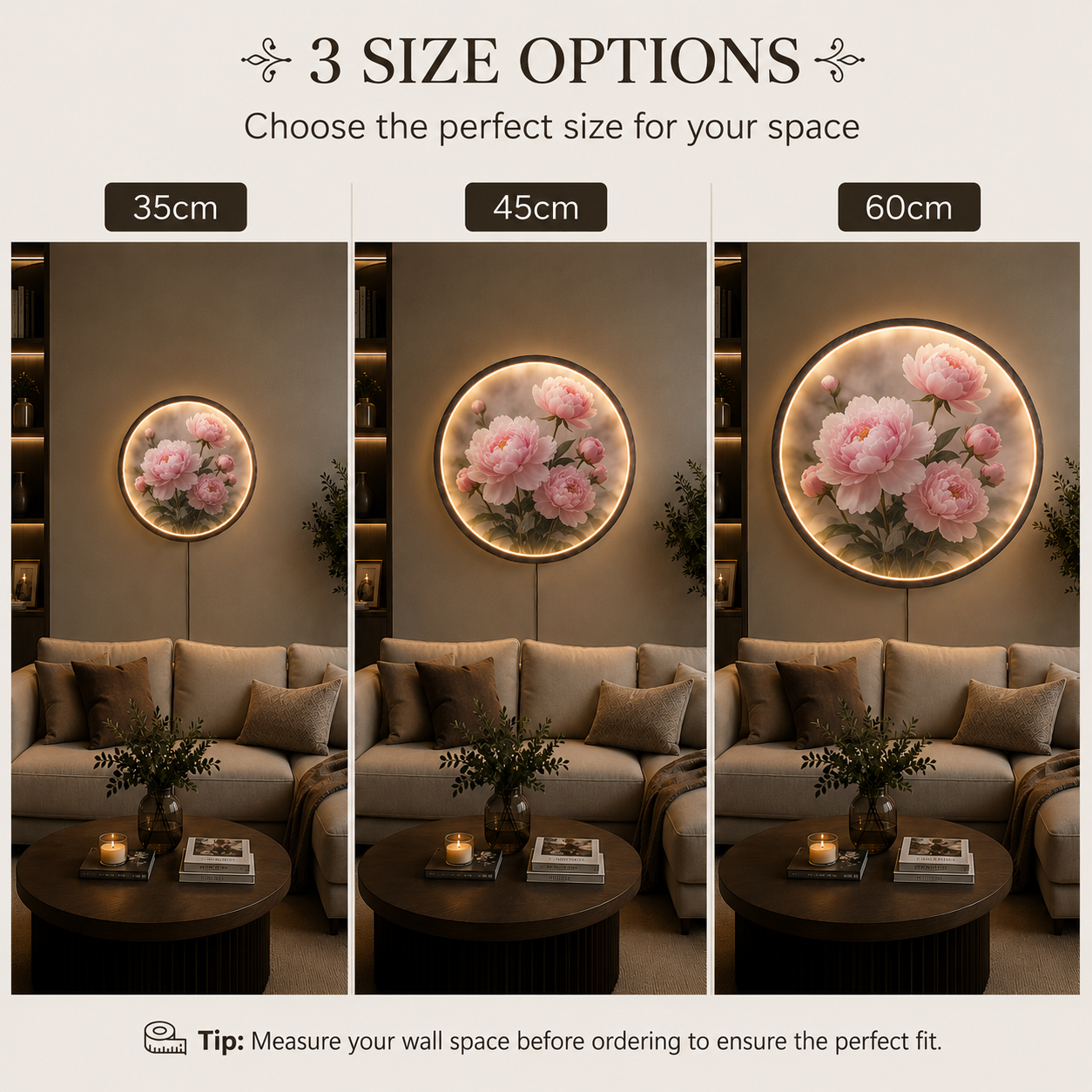 Pink Peony Flower LED Wall Art | Round Illuminated Floral Decor and Modern Home Accent Led 66