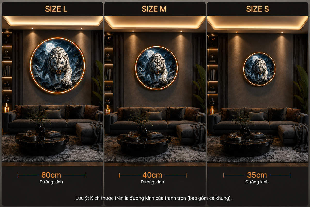 Round LED Glowing Wall Art - Fierce White Tiger and Full Moon Decor, Modern Home Living Room Lighting led 125