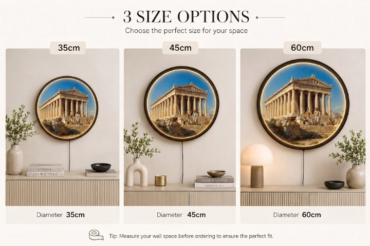Ancient Greek Temple LED Round Wall Art | Modern Home Decor Light Painting with 3 Size Options and 12V Safe Driver System Led 46