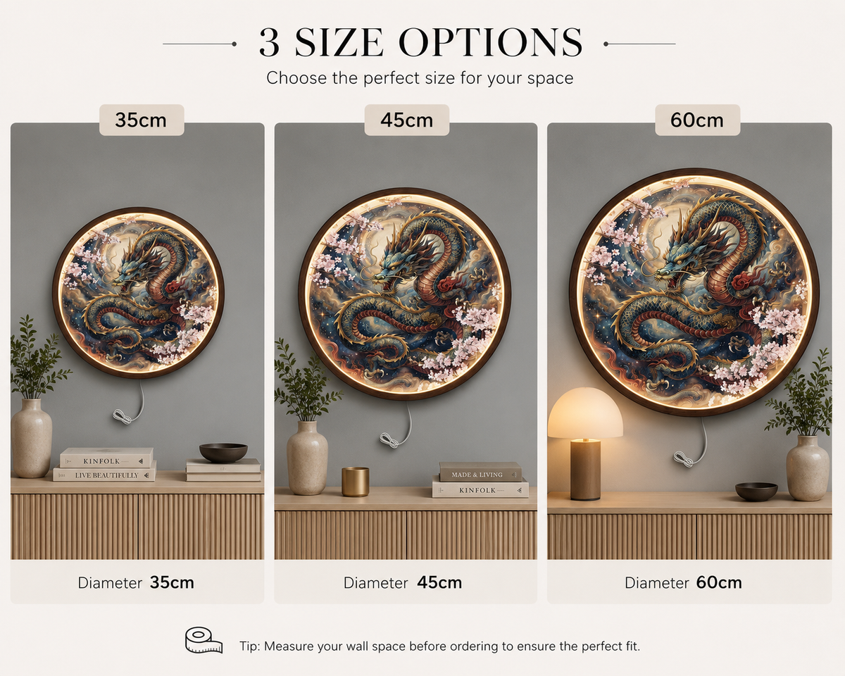 Mythical Dragon & Cherry Blossom Round LED Wall Art – Backlit Asian Oriental Decor Led 3