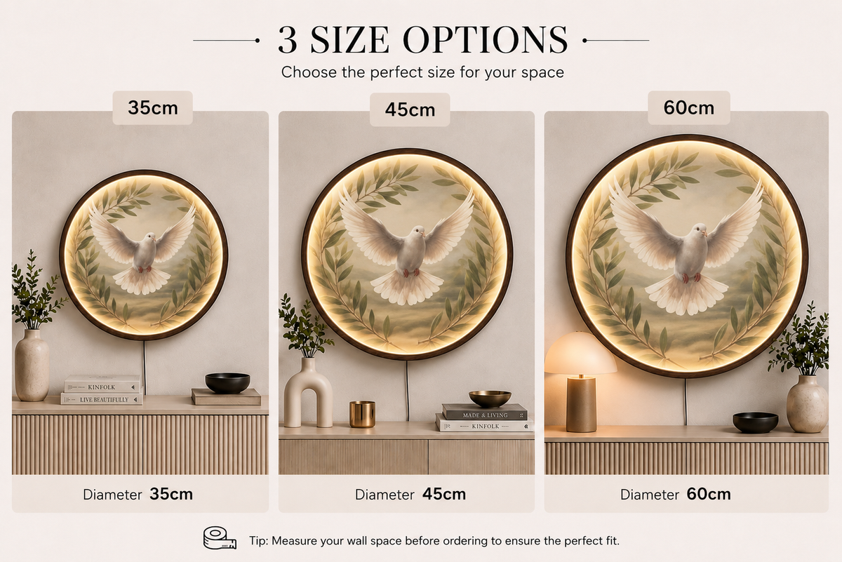 Handcrafted Round LED Peace Dove Wall Art - Olive Branch and Flying Dove Illuminated Decor Led 16