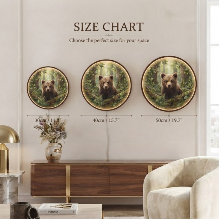 Handcrafted Round LED Cute Baby Bear Wall Art - Modern Forest-Themed Acrylic Home Decor Led 15