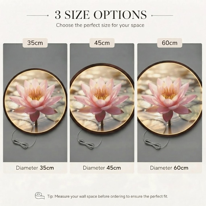 Pink Lotus LED Round Wall Art | Zen Floral Home Decor Light Painting with 3 Size Options and 12V Safe Driver System Led 25