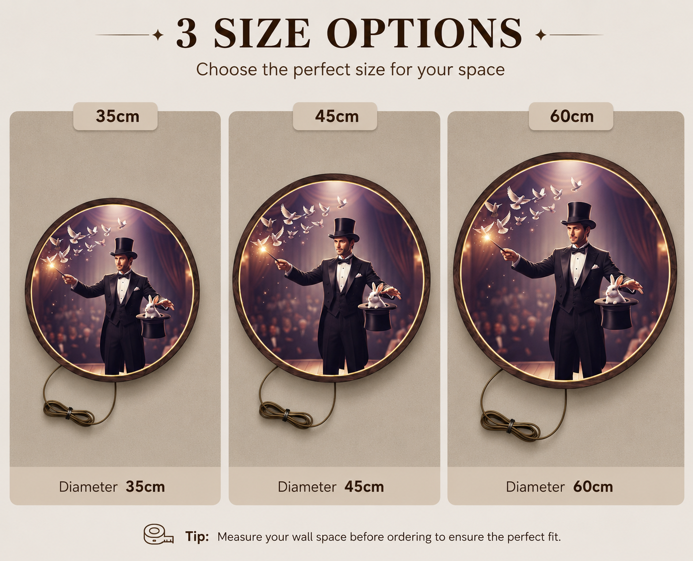 Magician LED Round Wall Art | Stage Illusionist with Doves and Rabbit Home Decor Light Painting with 3 Size Options and  12V Safe Driver System Led 29
