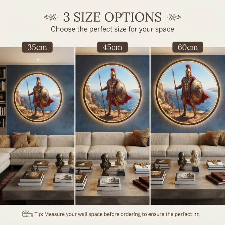Greek Spartan Soldier Backlit Decor for Living Room - Round Illuminated Wall Art - Multiple Sizes Available Led