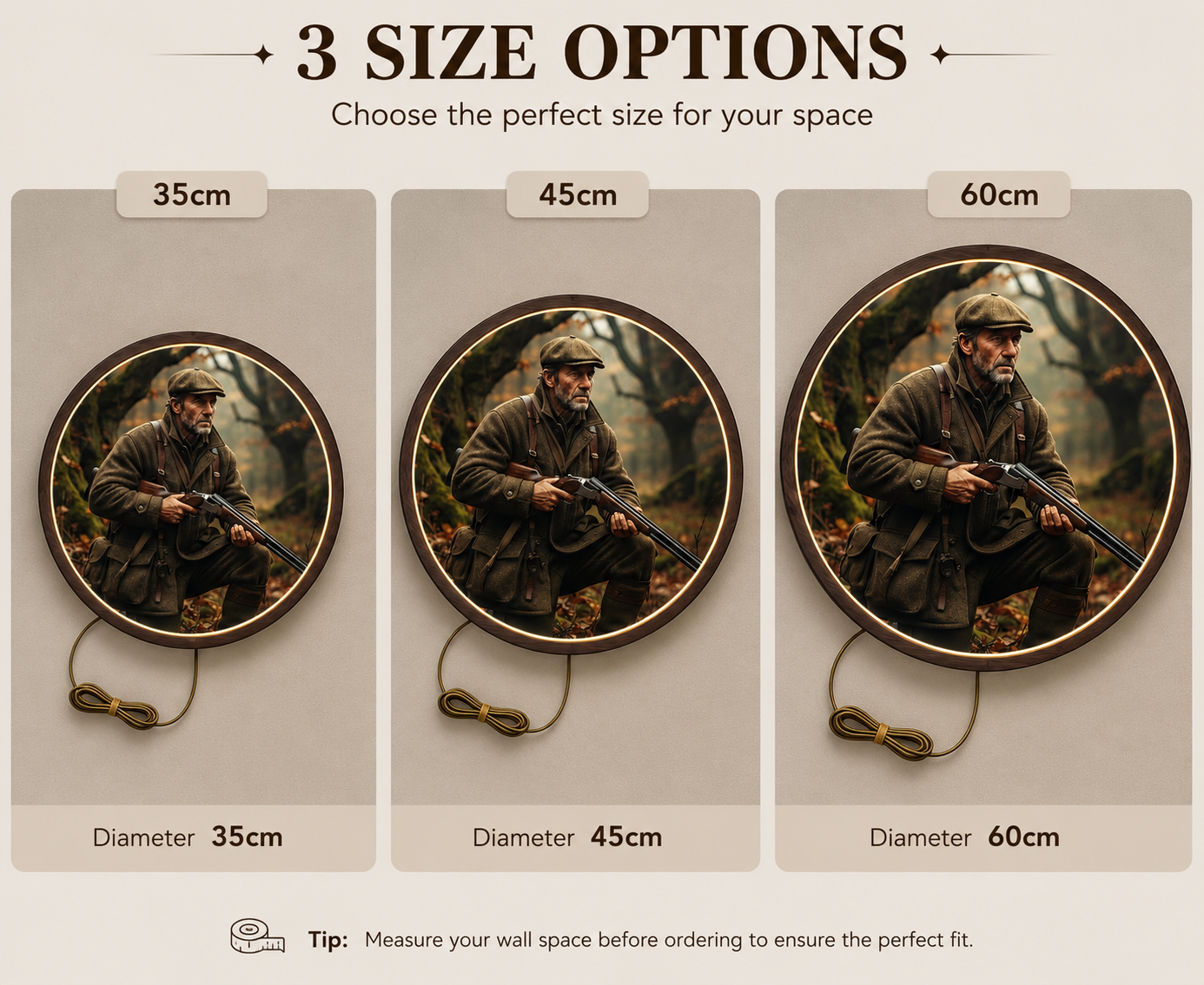 Hunter LED Round Wall Art | Gentleman Hunter with Shotgun in Forest Home Decor Light Painting with 3 Size Options and 12V Safe Driver System Led 30