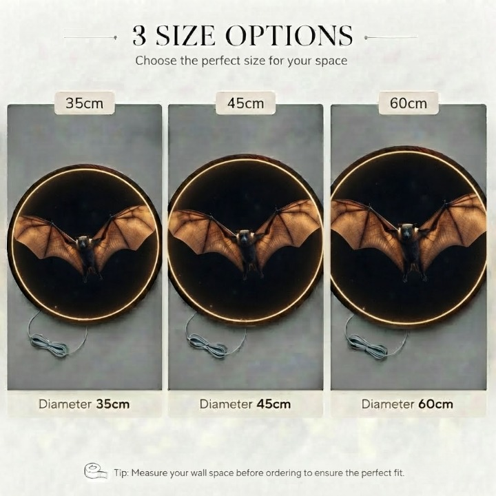 Flying Bat LED Round Wall Art | Spooky Night Animal Home Decor Light Painting with 3 Size Options and 12V Safe Driver System Led 39