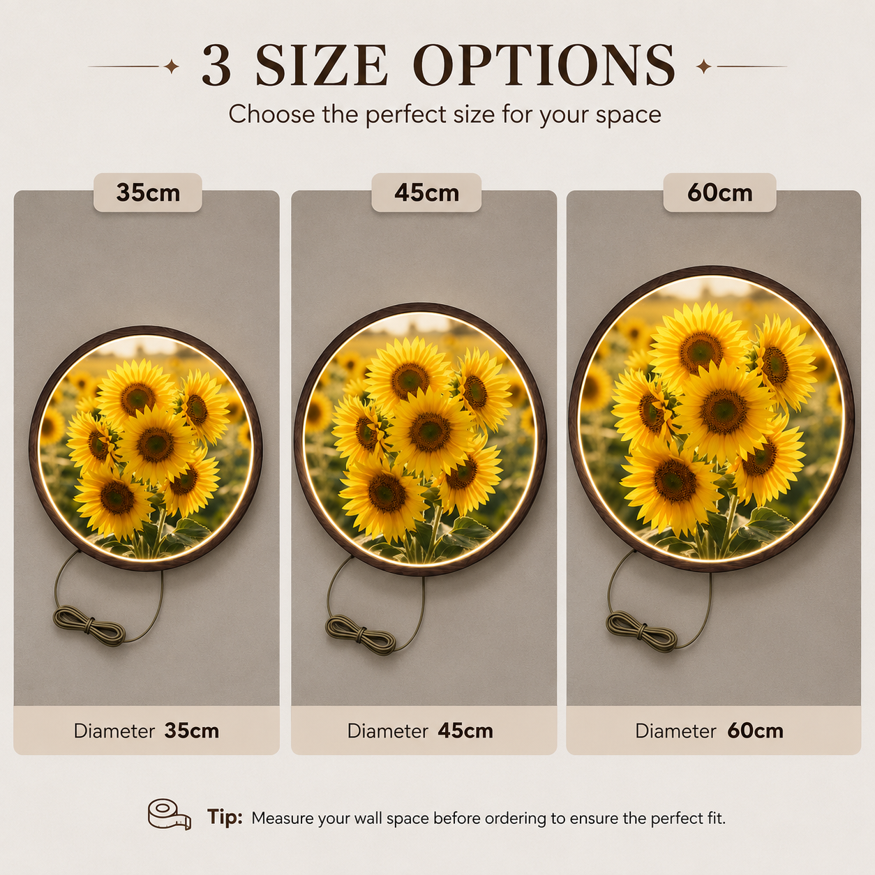 Sunflower LED Round Wall Art | Golden Floral Home Decor Light Painting with 3 Size Options and 12V Safe Driver System Led 28