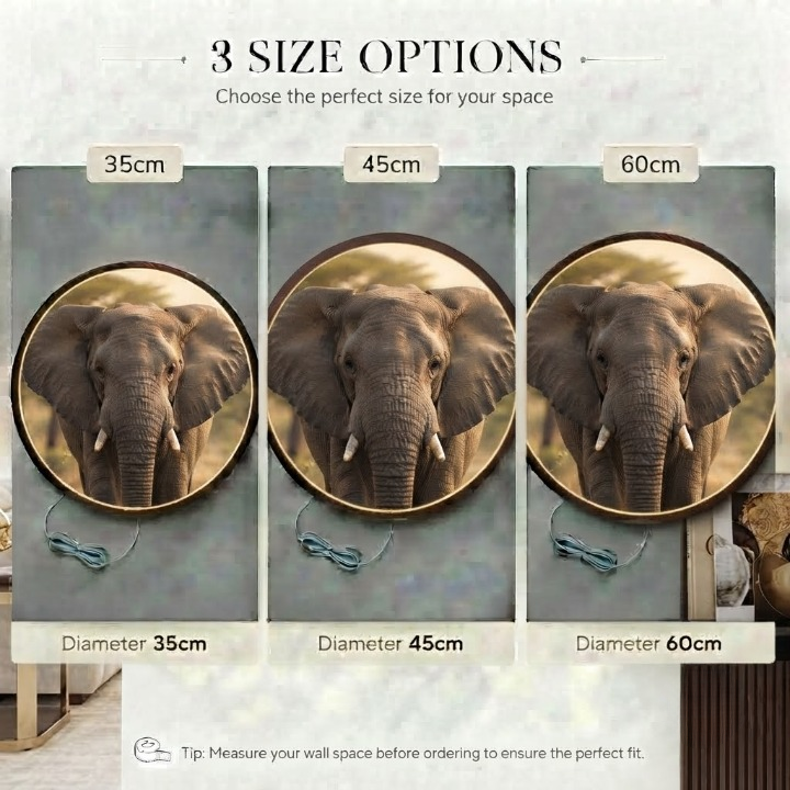 Elephant LED Round Wall Art | Majestic African Elephant Wildlife Home Decor Light Painting with 3 Size Options  12V Safe Driver System Led 24