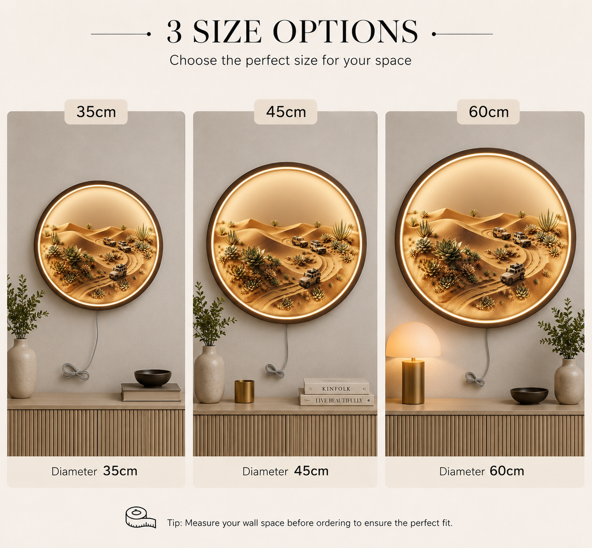 Desert Off-Road SUV Round LED Wall Art - Illuminated Sand Dunes and Succulents Decor Led 11