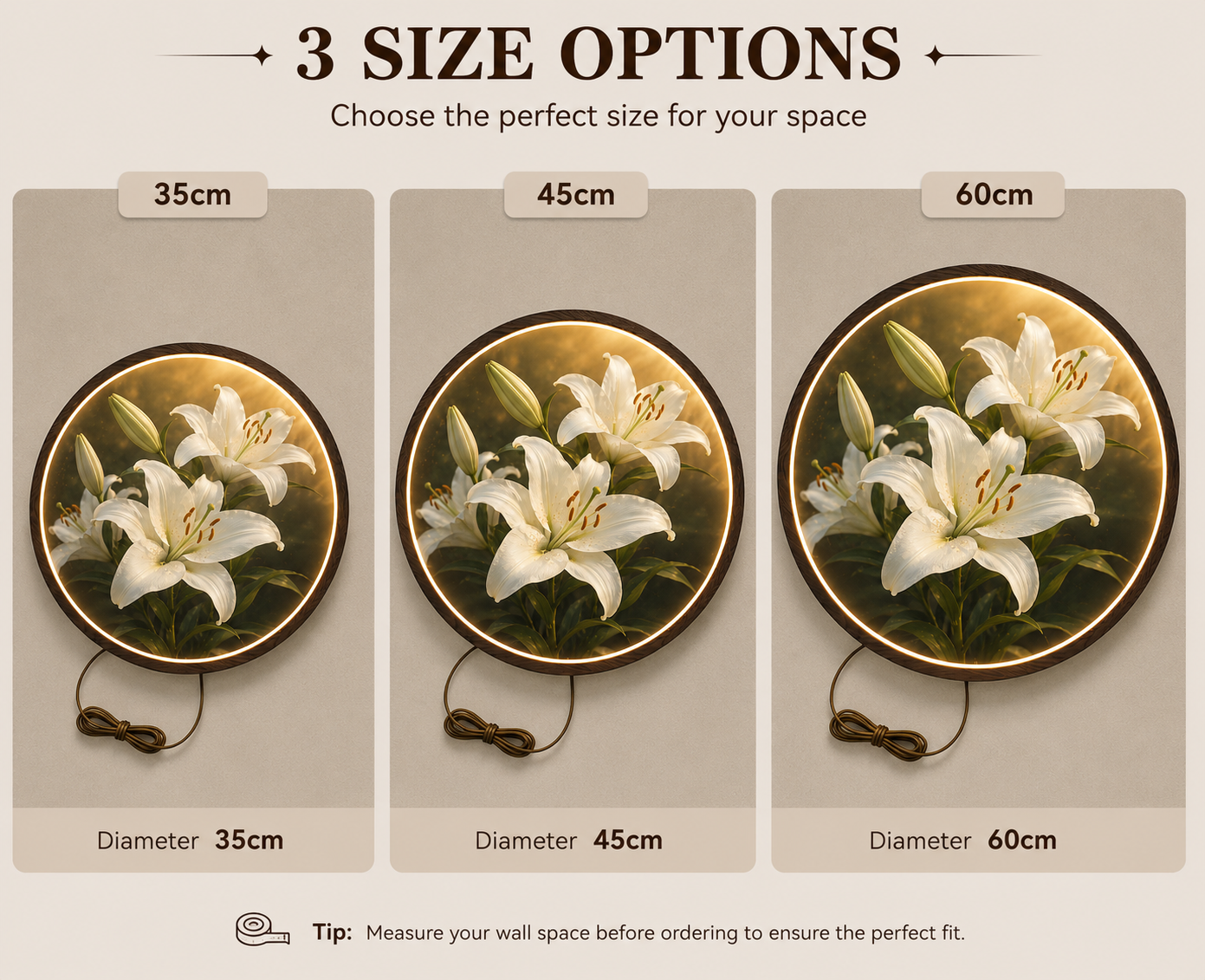 White Lily LED Round Wall Art | Blooming Floral Nature Home Decor Light Painting with 3 Size Options and 12V Safe Driver System Led 48