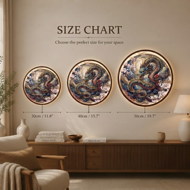 Mythical Dragon & Cherry Blossom Round LED Wall Art – Backlit Asian Oriental Decor Led 3